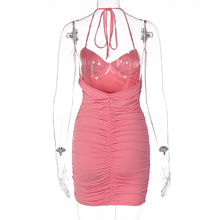 Load image into Gallery viewer, Pink Sexy V-neck Halterneck Open Back Lowcut Off Shoulder Ruched Tie-up Waist-in Wrap Hip Dress
