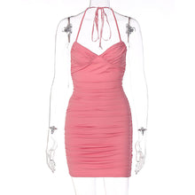 Load image into Gallery viewer, Pink Sexy V-neck Halterneck Open Back Lowcut Off Shoulder Ruched Tie-up Waist-in Wrap Hip Dress
