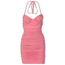 Load image into Gallery viewer, Pink Sexy V-neck Halterneck Open Back Lowcut Off Shoulder Ruched Tie-up Waist-in Wrap Hip Dress
