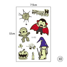 Load image into Gallery viewer, Halloween Luminous Children Tattoo Stickers Spider Web Pumpkin Cartoon Halloween Luminous Body Art Tattoo Stickers
