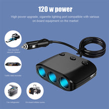 Load image into Gallery viewer, 3 Way Auto Cigarette Lighter ZNB03S Socket Splitter 120W 12v -24V Car Charger Dual USB Charger Socket with independent Off/on Switch
