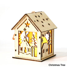 Load image into Gallery viewer, DIY Natural Wooden Hanging Log Cabin With Warm LED Lights Christmas Wood Glowing Ornaments Xmas Tree Decoration
