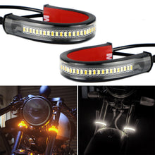 Load image into Gallery viewer, 2Pcs 12V Universal LED Motorcycle Turn Signal Light &amp; DRL Amber White Moto Flasher Ring Fork Strip Lamp Flowing Flashing Blinker
