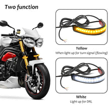 Load image into Gallery viewer, 2Pcs 12V Universal LED Motorcycle Turn Signal Light &amp; DRL Amber White Moto Flasher Ring Fork Strip Lamp Flowing Flashing Blinker
