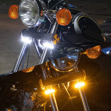 Load image into Gallery viewer, 2Pcs 12V Universal LED Motorcycle Turn Signal Light &amp; DRL Amber White Moto Flasher Ring Fork Strip Lamp Flowing Flashing Blinker
