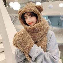 Load image into Gallery viewer, Bear Hat Scarf Gloves 3 in 1 Double Thickened Multi-functional Ear Protective Plush Warm Hat Winter Outdoor Plush Hat
