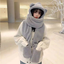 Load image into Gallery viewer, Bear Hat Scarf Gloves 3 in 1 Double Thickened Multi-functional Ear Protective Plush Warm Hat Winter Outdoor Plush Hat

