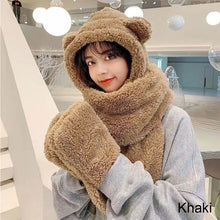 Load image into Gallery viewer, Bear Hat Scarf Gloves 3 in 1 Double Thickened Multi-functional Ear Protective Plush Warm Hat Winter Outdoor Plush Hat
