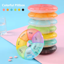 Load image into Gallery viewer, Round Pill Case Plastic 7 Days Weekly Tablet Candy Box Portable Storage Tablet Holder Travel Pill Container Colorful Pill Box
