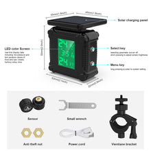 Load image into Gallery viewer, Motorcycle Tire Pressure Monitoring TPMS Tire Temperature Alarm System LCD Display Solar Charging Waterproof Sensor

