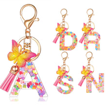 Load image into Gallery viewer, 26 Letter Pink Tassel Gradient Butterfly Resin Keychain Pendant Key Ring Women Bag Ornaments Accessories
