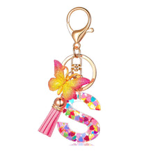 Load image into Gallery viewer, 26 Letter Pink Tassel Gradient Butterfly Resin Keychain Pendant Key Ring Women Bag Ornaments Accessories

