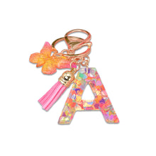 Load image into Gallery viewer, 26 Letter Pink Tassel Gradient Butterfly Resin Keychain Pendant Key Ring Women Bag Ornaments Accessories
