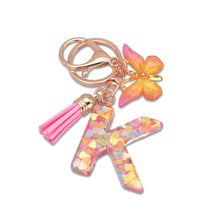 Load image into Gallery viewer, 26 Letter Pink Tassel Gradient Butterfly Resin Keychain Pendant Key Ring Women Bag Ornaments Accessories
