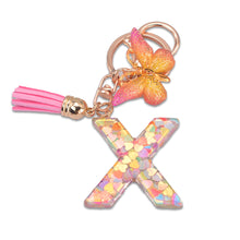 Load image into Gallery viewer, 26 Letter Pink Tassel Gradient Butterfly Resin Keychain Pendant Key Ring Women Bag Ornaments Accessories

