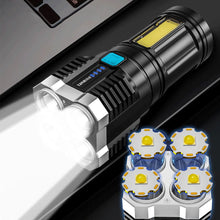 Load image into Gallery viewer, Multi-function Portable 4LED Super Bright Flashlight Mini Lamp USB Rechargeable Long-range Spotlight Display COB LED Flashlight
