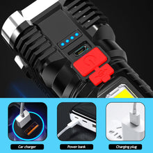 Load image into Gallery viewer, 5 LED Super Bright Flashlight Multi-function Rechargeable Outdoor Waterproof Led Long-range Spotlight Battery Display COB Light
