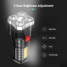 Load image into Gallery viewer, 5 LED Super Bright Flashlight Multi-function Rechargeable Outdoor Waterproof Led Long-range Spotlight Battery Display COB Light
