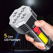 Load image into Gallery viewer, Multi-function 5-core Super Bright Flashlight Rechargeable Outdoor P1000 Led Long-range Spotlight Battery Display COB Light
