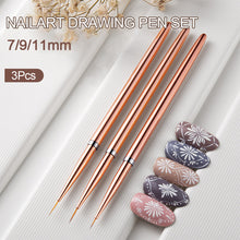 Load image into Gallery viewer, 3Pcs Nail Art Liner French Stripe Brush 7/9/11mm Soft Nail Art Metal Penholder Gel Brushes Painting Drawing Manicure Pen Tools
