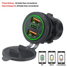 Load image into Gallery viewer, 68W Car Charger Dual QC 3.0 USB &amp; PD Type-C Triple Socket 12-24V with Switch Waterproof for Car Boat Marine RV
