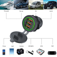 Load image into Gallery viewer, 68W Car Charger Three QC 3.0 USB Socket 12-24V with Switch Waterproof for Car Boat Marine RV
