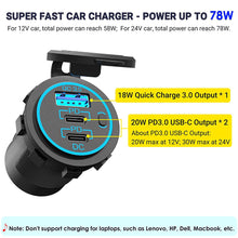 Load image into Gallery viewer, 78W Car Charger Socket 12V/24V Multiple USB Outlet Dual PD USB-C &amp; QC3.0 Ports with Power Switch Fast Car Adapter
