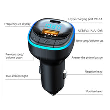 Load image into Gallery viewer, Bluetooth 5.0 Car Charger Fast Charging USB Type C Car Phone Charger FM Transmitter Handsfree Cigarette lighter MP3 Music Player
