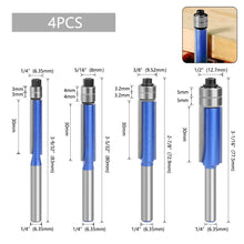 Load image into Gallery viewer, 1/4pcs 1/4" Shank Trim Router Bit with 2 Blade Double Bearing Bits Wood Milling Cutter for Woodwork Tool
