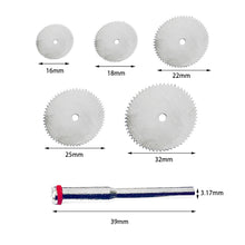 Load image into Gallery viewer, 6Pcs/set Stainless Steel Slice Metal Mini Circular Saw Blade Set Metal Cutting Disc with 1 Mandrel for Rotary Tool Wood Cutter 16 18 22 25 32mm
