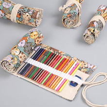 Load image into Gallery viewer, 12/24/36/48 Holes Cartoon Cat Canvas Roll Up Pen Curtain Pencil Bag Case Makeup Wrap Holder Storage Pouch School Supplies
