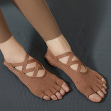 Load image into Gallery viewer, Non-Slip Cross Bandage Yoga Socks Backless Five Toes Pilates Sock Grips Cotton Ballet Dance Fitness Sport Sock Slipper
