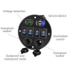 Load image into Gallery viewer, Car Adapter Dual Port Cigarette Lighter Power Socket for Car QC3.0 Quiack USB Charger With Voltmeter 4Gang 12V Toggle Switch Round
