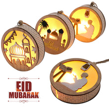 Load image into Gallery viewer, Wooden EID Mubarak LED Light Decoration Ramadan Mubarak Ornaments Islamic Muslim Pendant Eid Al Adha Party Supplies
