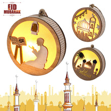 Load image into Gallery viewer, Wooden EID Mubarak LED Light Decoration Ramadan Mubarak Ornaments Islamic Muslim Pendant Eid Al Adha Party Supplies

