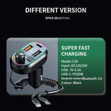 Load image into Gallery viewer, Car Bluetooth 5.0 FM Transmitter Wireless Audio Receiver Car MP3 Player 25W PD Fast Charge With Apple Type-C Port Charging Cable
