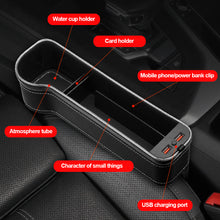 Load image into Gallery viewer, Car Crevice Storage Box Colorful LED Seat Gap Slit Pocket Seat Organizer with 2 USB Charger Card Phone Bottle Cups Holder
