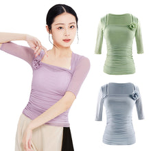 Load image into Gallery viewer, Classical Dance Dress Practice Smock Adult Elastic Mesh Gauze Top Middle Sleeve Ballet Dance Suit Body Gymnastics Suit With 3D Flower Decoration
