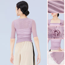 Load image into Gallery viewer, Classical Dance Dress Practice Smock Adult Elastic Mesh Gauze Top Middle Sleeve Ballet Dance Suit Body Gymnastics Suit With 3D Flower Decoration
