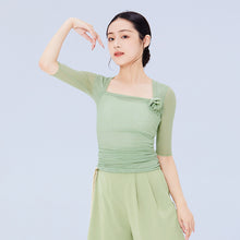 Load image into Gallery viewer, Classical Dance Dress Practice Smock Adult Elastic Mesh Gauze Top Middle Sleeve Ballet Dance Suit Body Gymnastics Suit With 3D Flower Decoration
