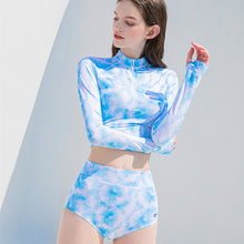 Load image into Gallery viewer, Long-Sleeved Separate Swimsuit Blue Tie-Dye High-Waisted Flat Angle Conservative Swimsuit With Zipper Sunscreen Bikini Two-Piece Set
